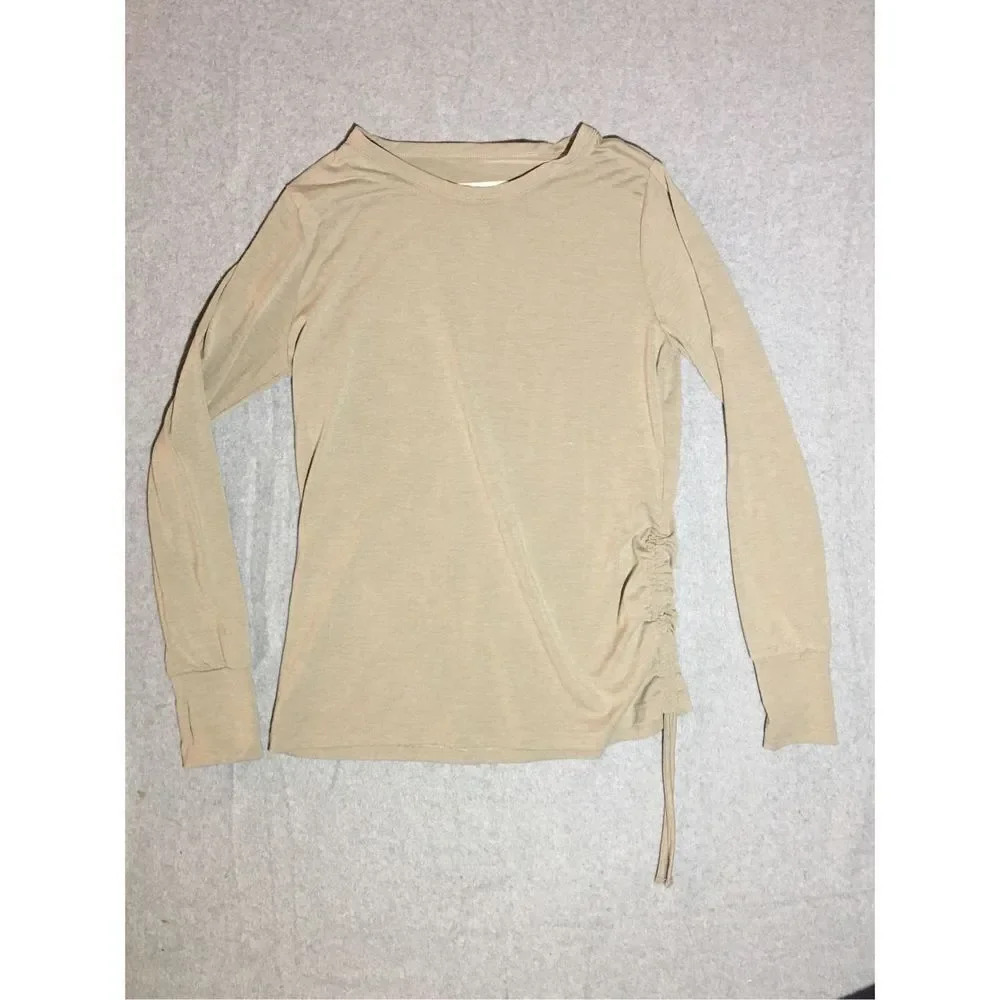 Womens Evy’s Tree Shirt Size Small Beige Tan Tie Up Side Sweater Thumb Holes